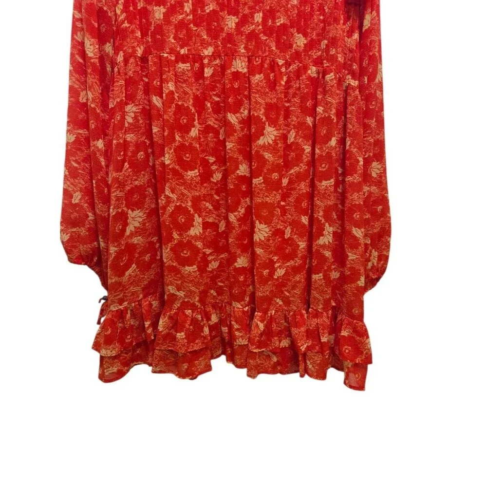 Free People These Dreams Red-Orange Floral Boho Mini Dress M Peasant READ**